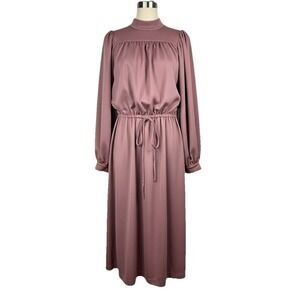 Vtg 70s Women's Dress Size L Mauve Color Pockets Prairie Boho Victorian Revival